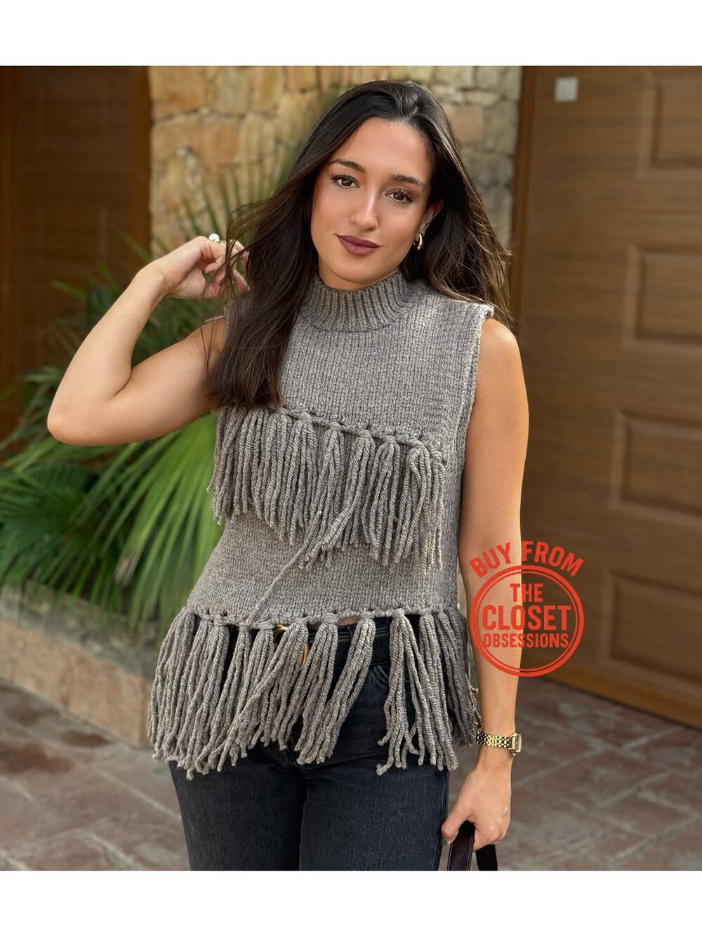ZARA Fringe Sweater Vest NWT Wool Blend Mock Neck Knit Top Taupe L